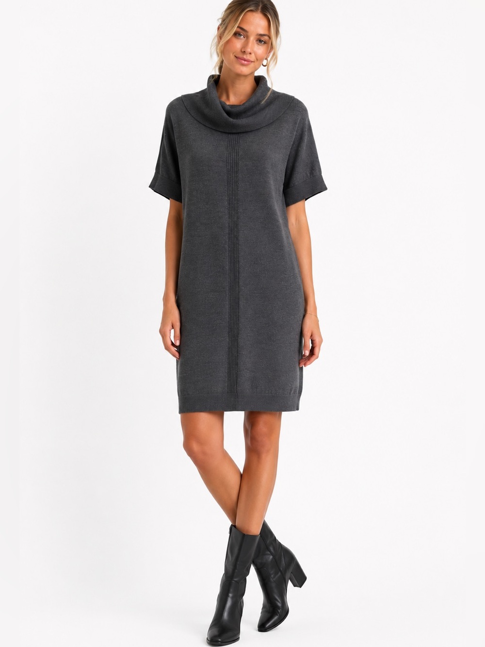 Lands’ End 100% Merino Wool Cowl Neck Short Sleeve Sweater Dress Gray L